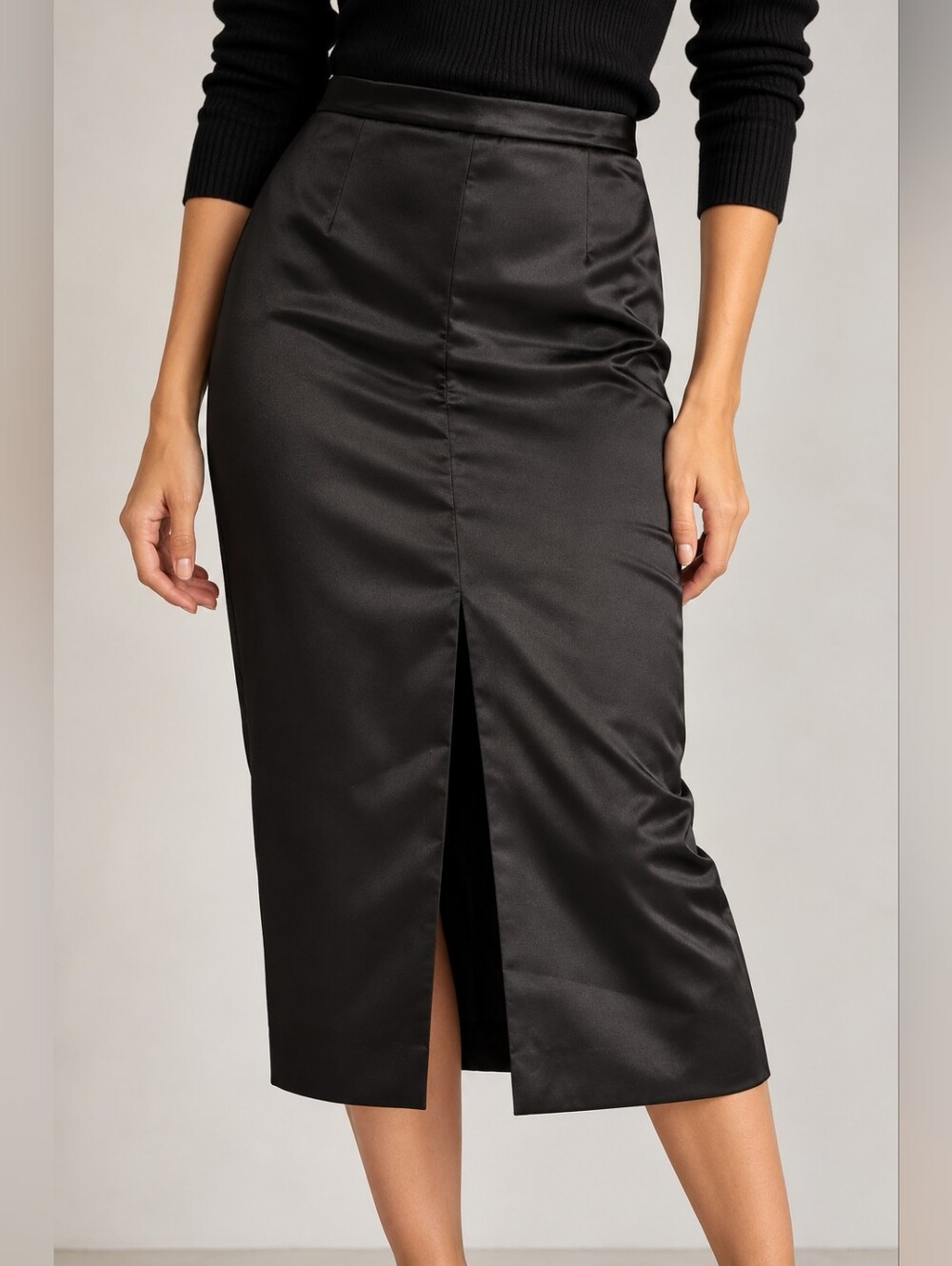 Zara Black Satin High-Waisted Pencil Midi Skirt with Front Slit Size XS